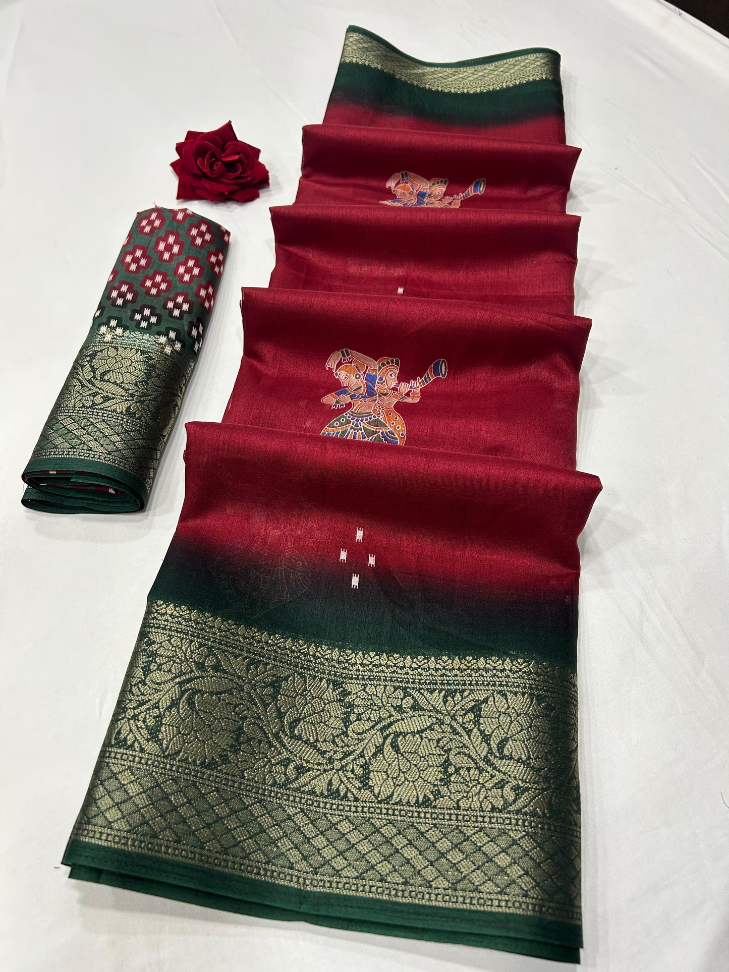 Soft Dola Silk Saree – Fancy Print with Jacquard Border | Free Size | With Blouse
