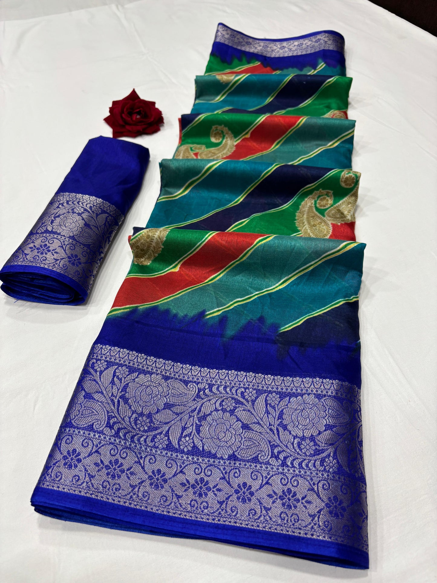 Soft Dola Silk Saree – Leheriya Print with Jacquard Border | Free Size | With Blouse