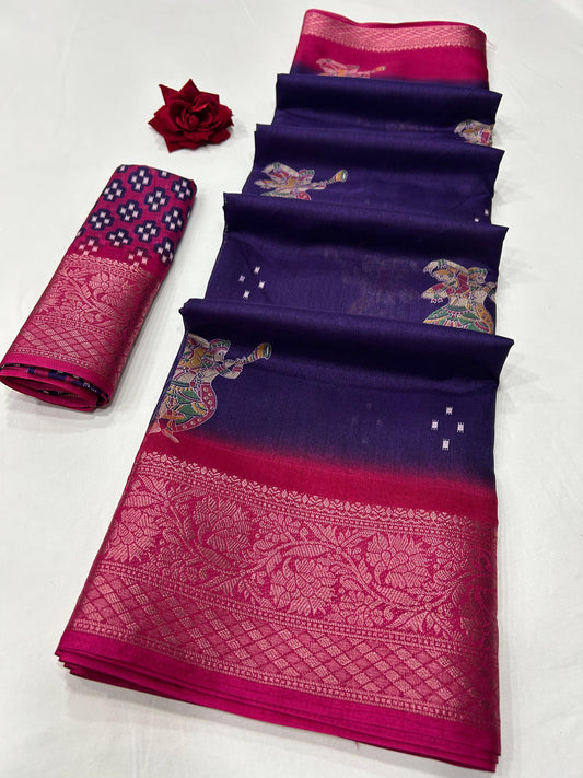 Soft Dola Silk Saree – Fancy Print with Jacquard Border | Free Size | With Blouse