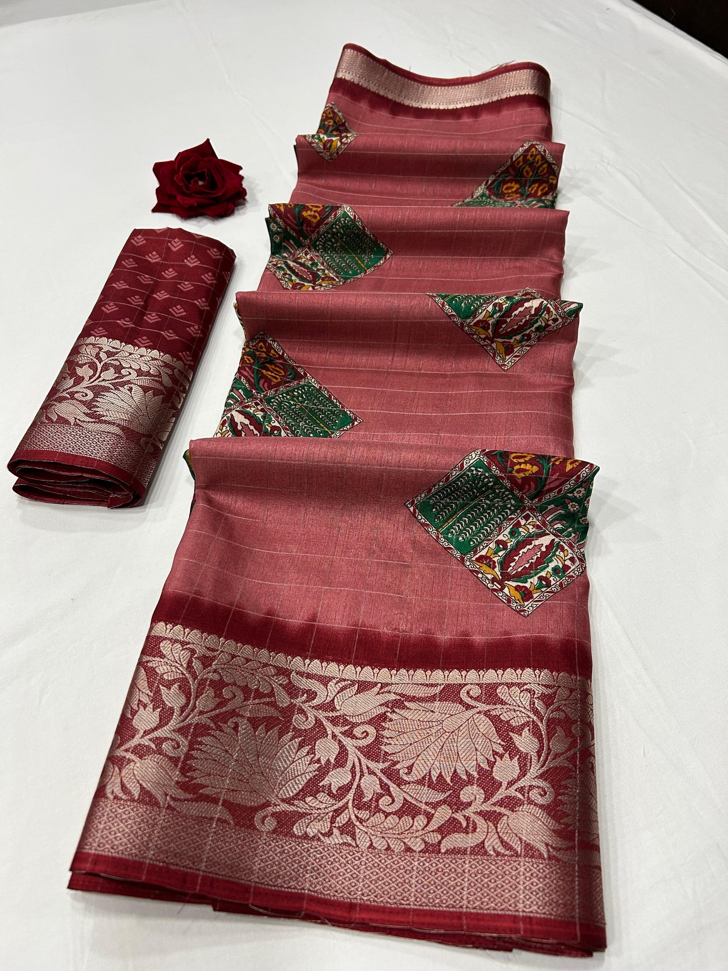 Soft Dola Silk Checks Saree – Fancy Print with Jacquard Border | Free Size | With Blouse