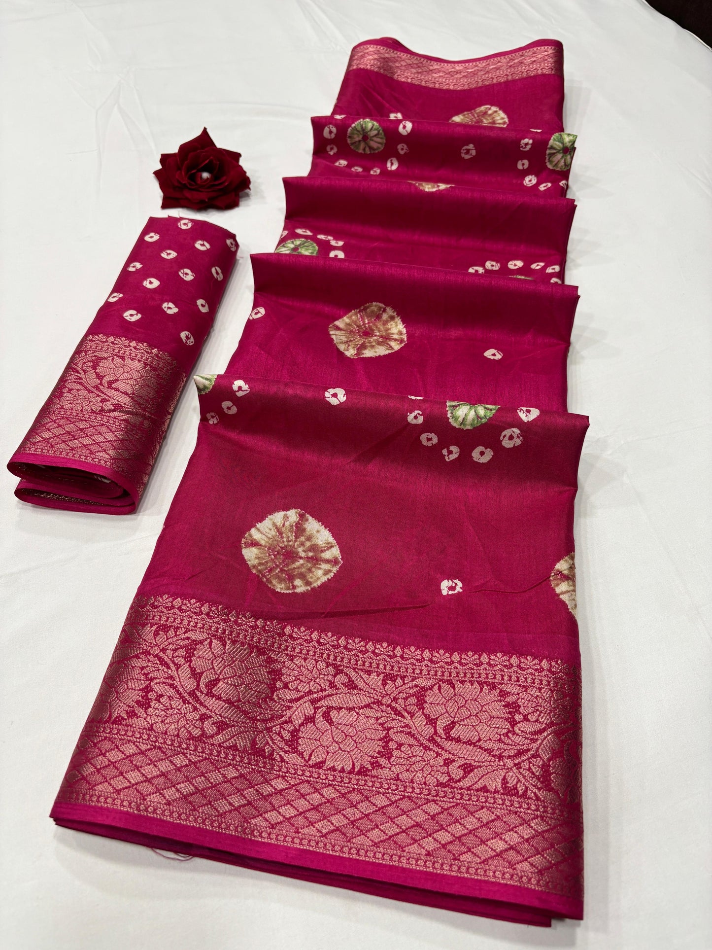 Soft Dola Silk Saree – Bandhani Print with Jacquard Border | Free Size | With Blouse