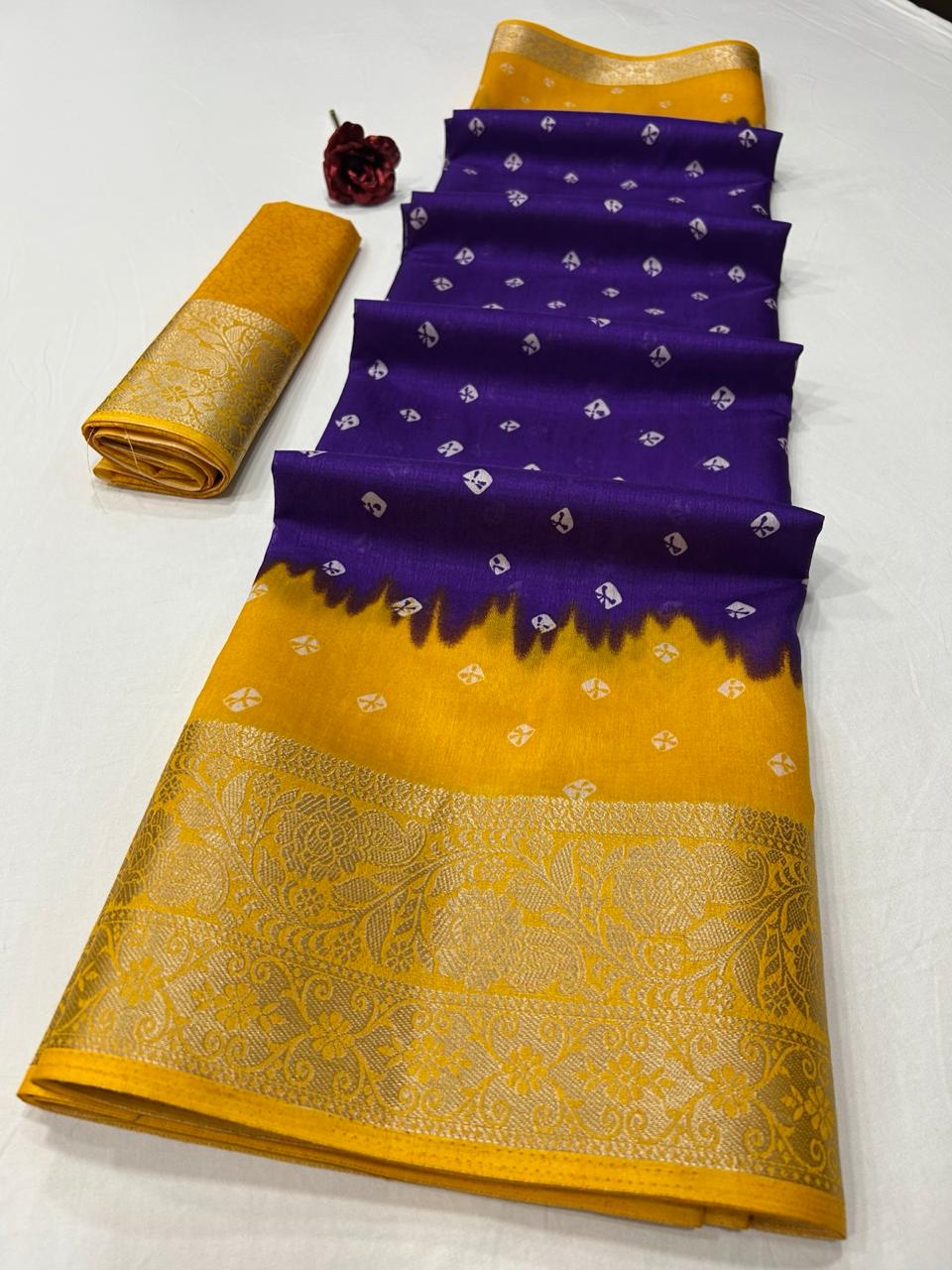 Soft Dola Silk Saree – Bandhani Print with Jacquard Border | Free Size | With Blouse