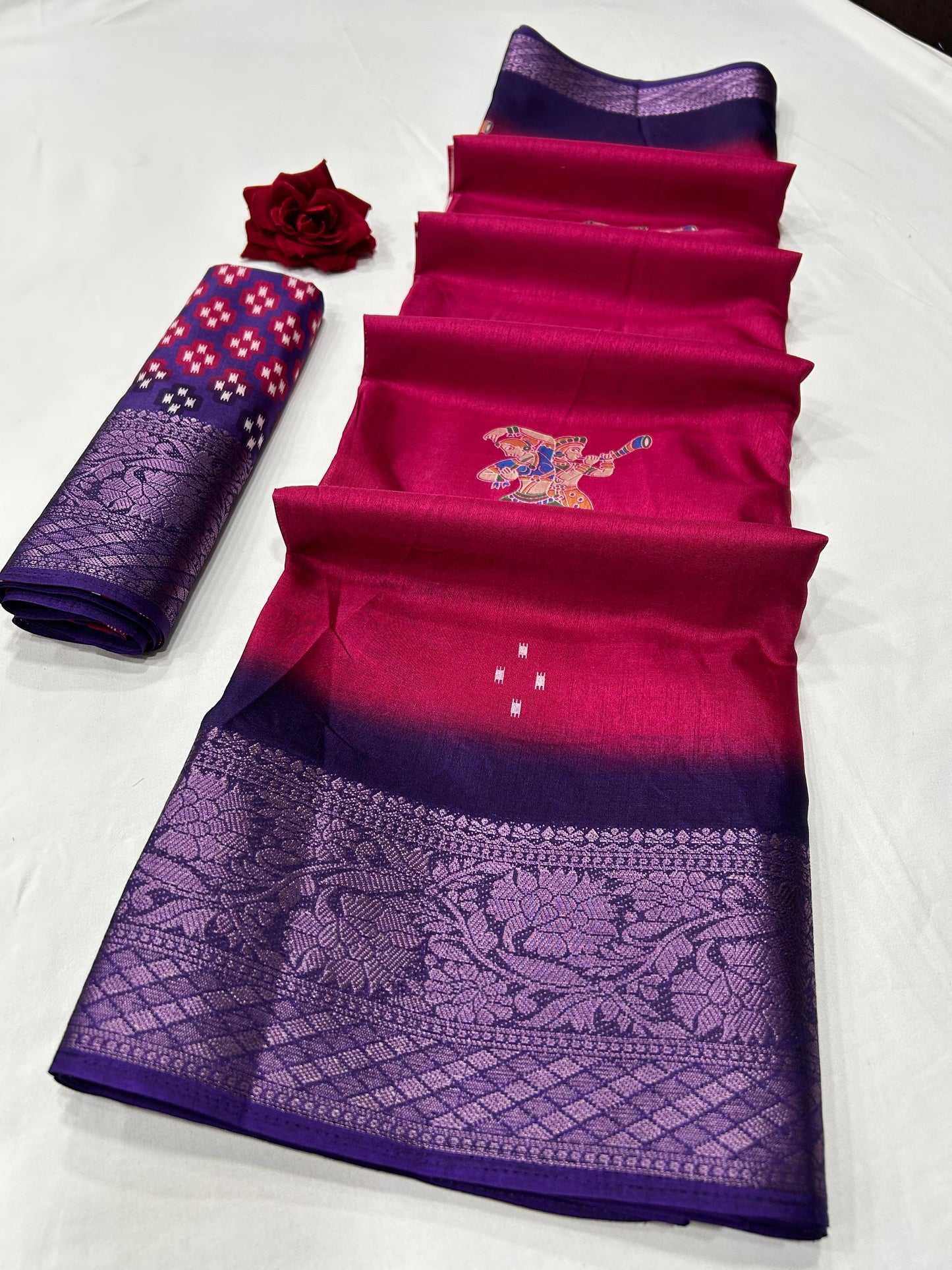 Soft Dola Silk Saree – Fancy Print with Jacquard Border | Free Size | With Blouse