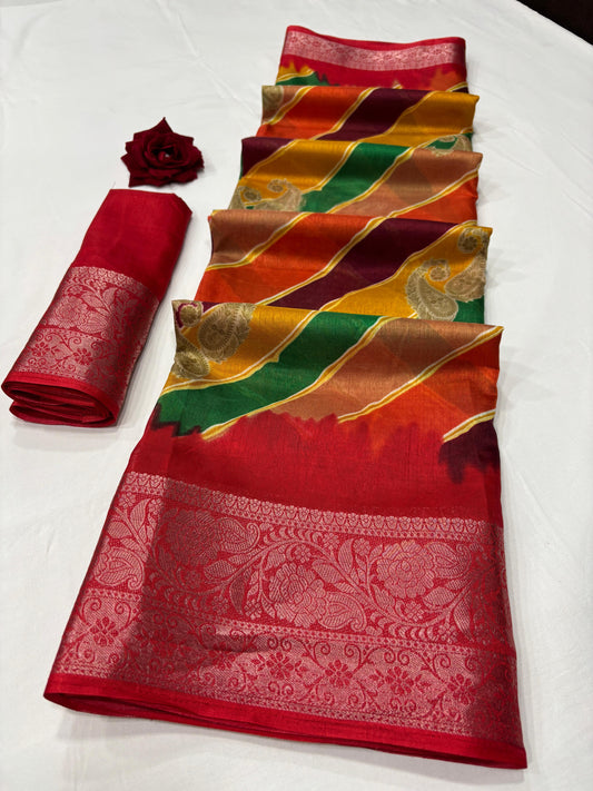 Soft Dola Silk Saree – Leheriya Print with Jacquard Border | Free Size | With Blouse
