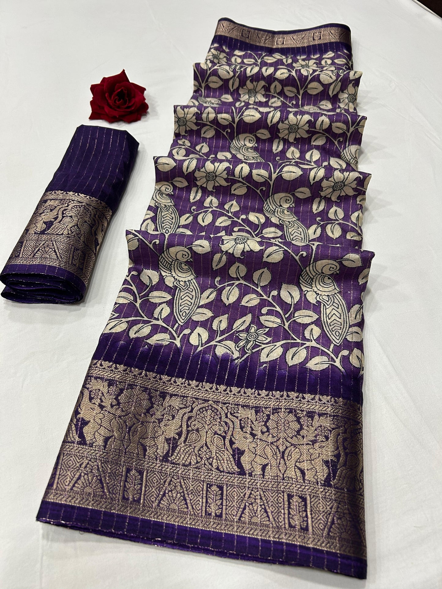 Soft Dola Silk Sparkle Zari - Kalamkari Print With Jacquard Border | Free Size | With Blouse