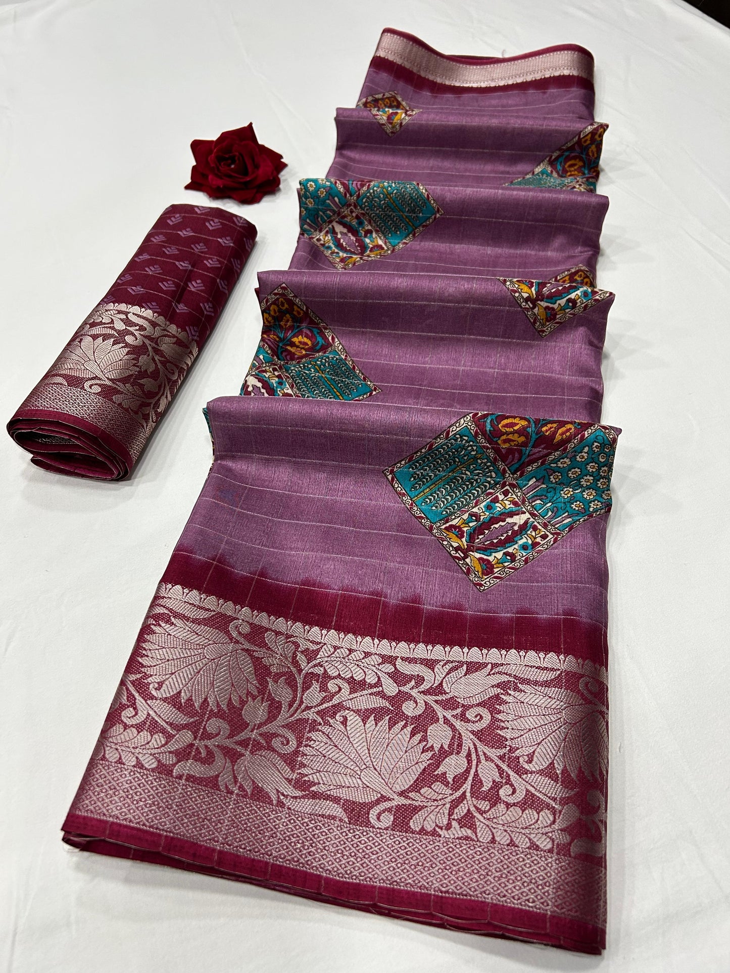 Soft Dola Silk Checks Saree – Fancy Print with Jacquard Border | Free Size | With Blouse