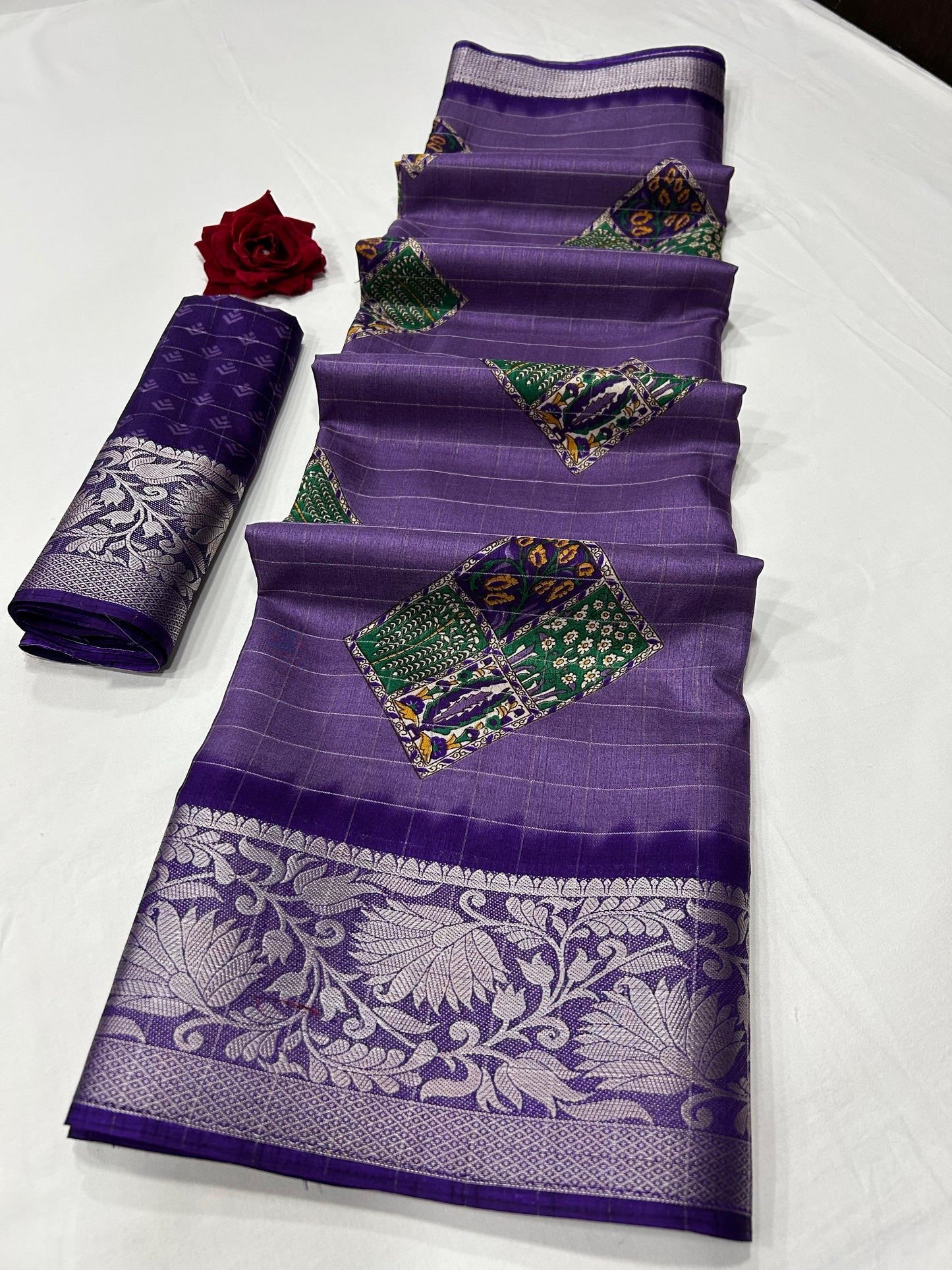 Soft Dola Silk Checks Saree – Fancy Print with Jacquard Border | Free Size | With Blouse