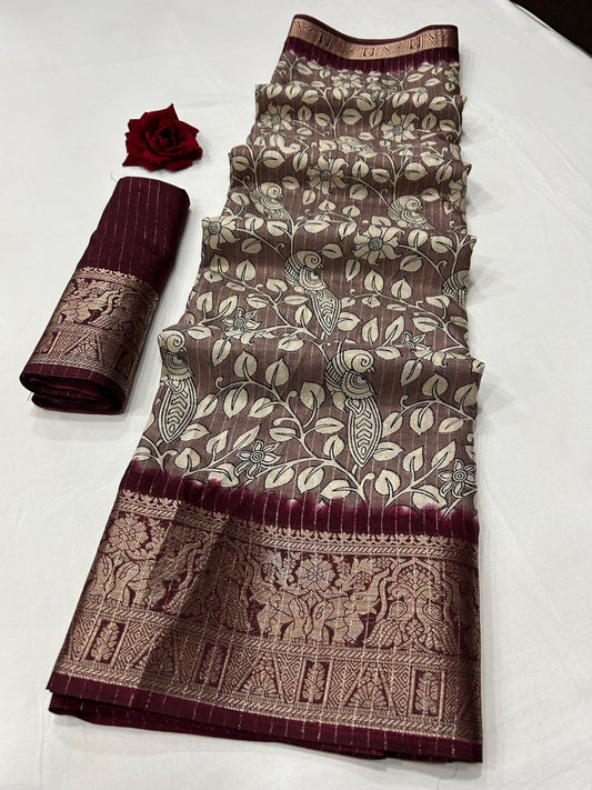 Soft Dola Silk Sparkle Zari - Kalamkari Print With Jacquard Border | Free Size | With Blouse