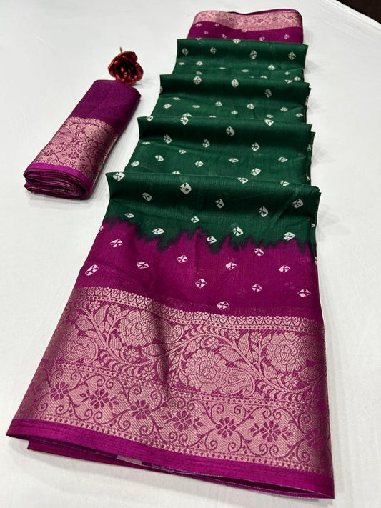 Soft Dola Silk Saree – Bandhani Print with Jacquard Border | Free Size | With Blouse