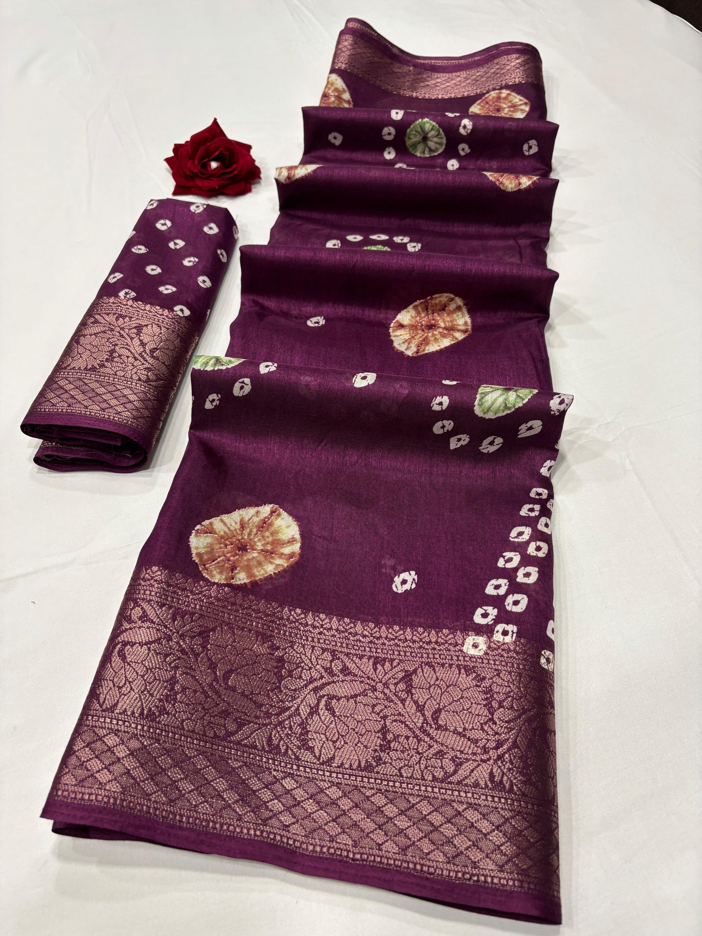 Soft Dola Silk Saree – Bandhani Print with Jacquard Border | Free Size | With Blouse