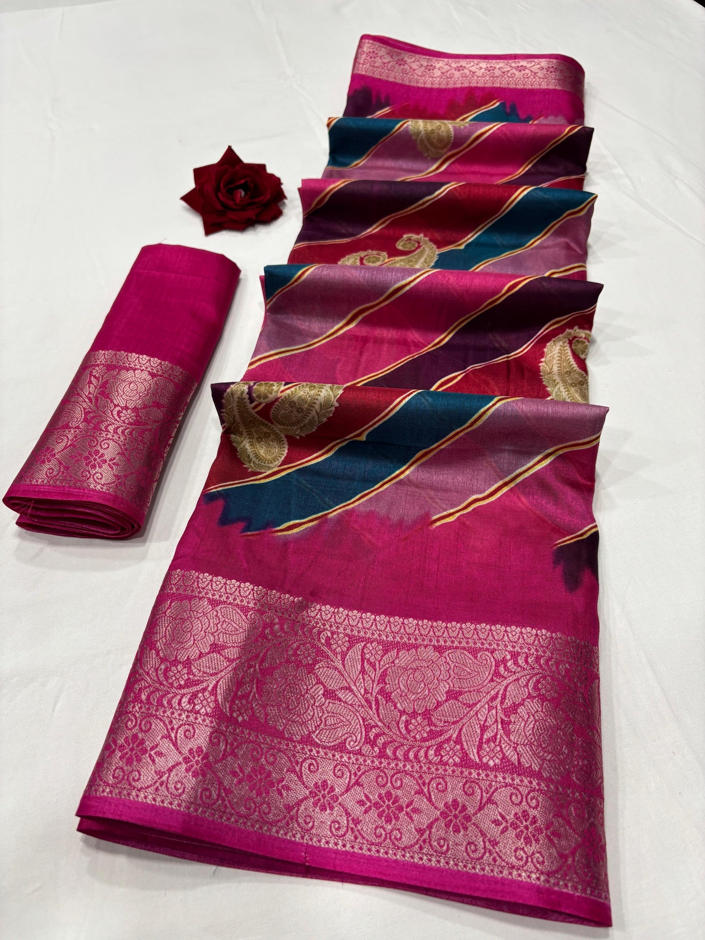 Soft Dola Silk Saree – Leheriya Print with Jacquard Border | Free Size | With Blouse