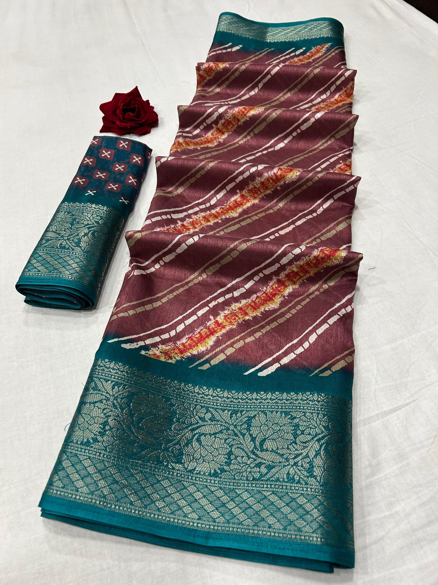 Soft Dola Silk Saree – Dusty Leheriya Print with Jacquard Border | Free Size | With Blouse