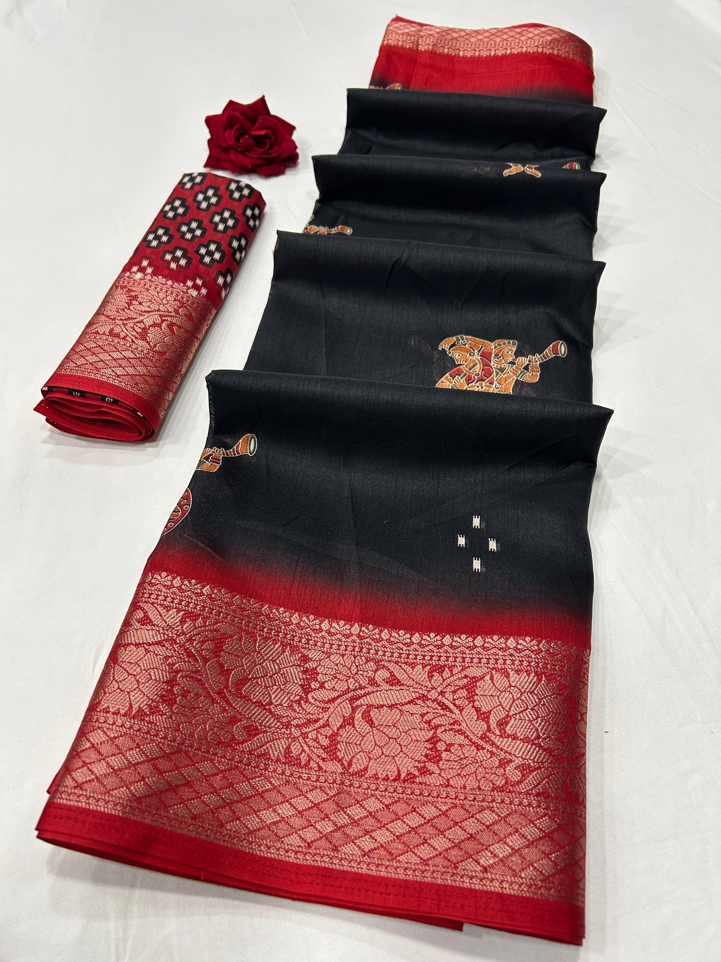 Soft Dola Silk Saree – Fancy Print with Jacquard Border | Free Size | With Blouse
