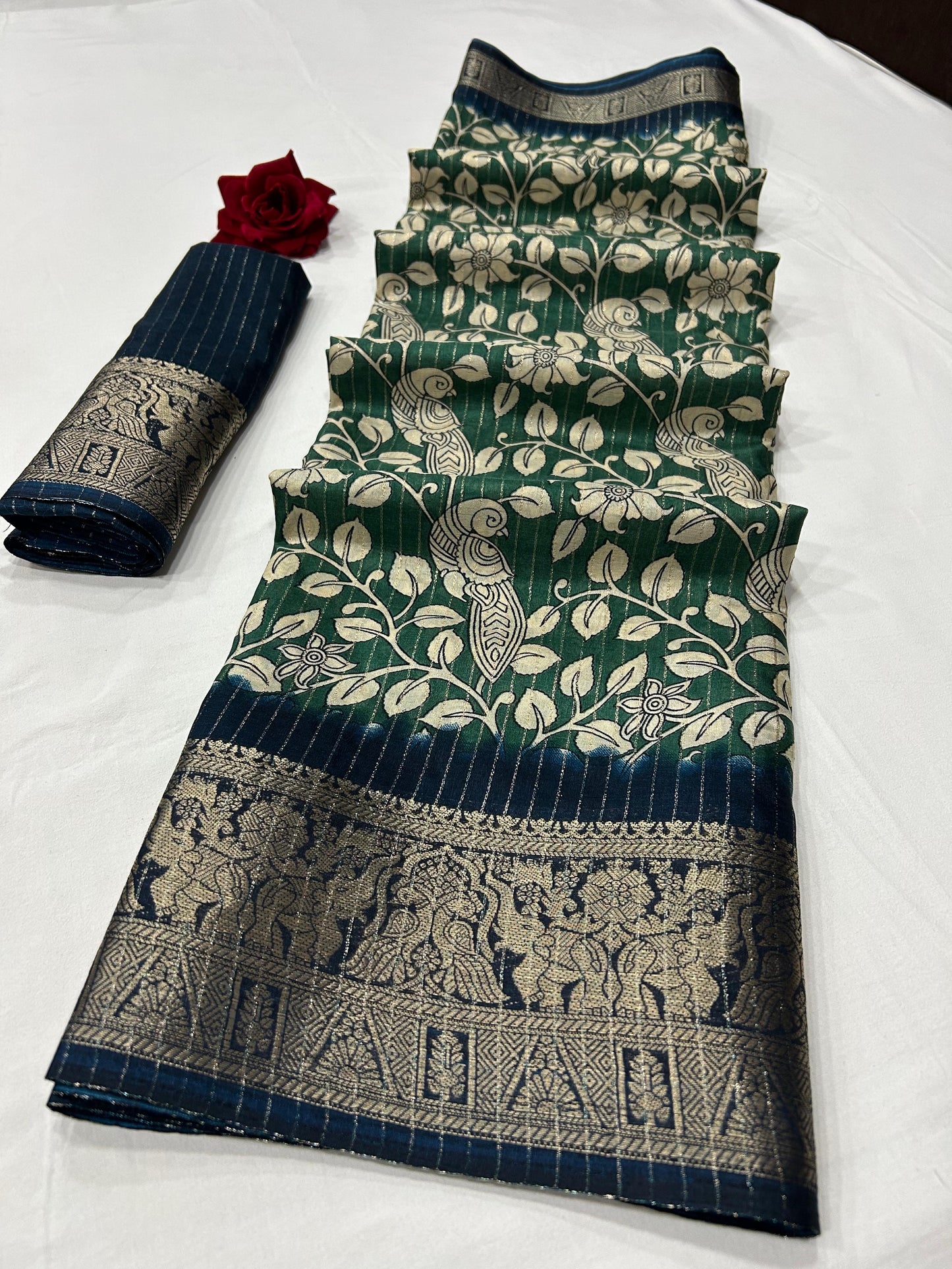 Soft Dola Silk Sparkle Zari - Kalamkari Print With Jacquard Border | Free Size | With Blouse