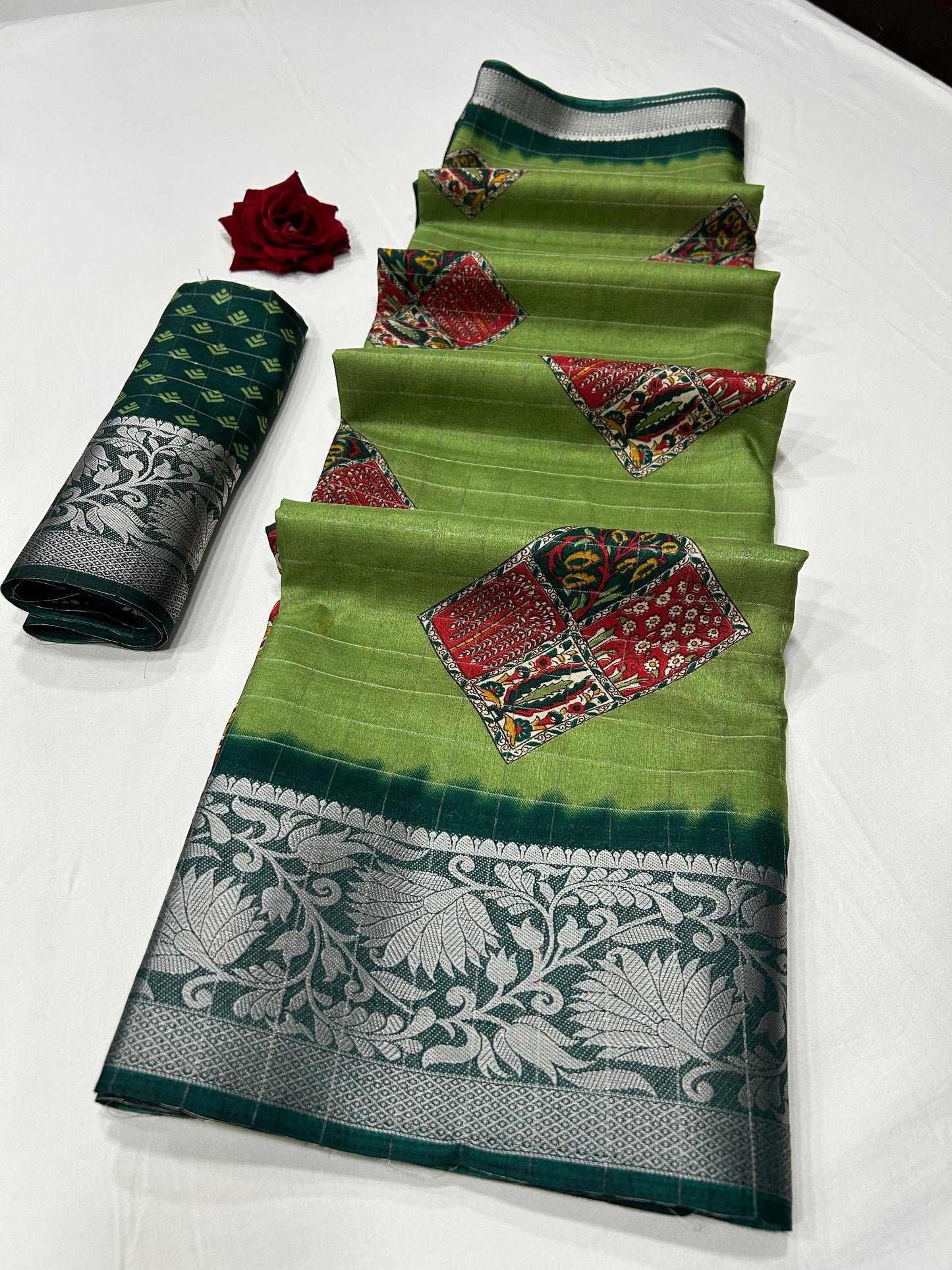 Soft Dola Silk Checks Saree – Fancy Print with Jacquard Border | Free Size | With Blouse