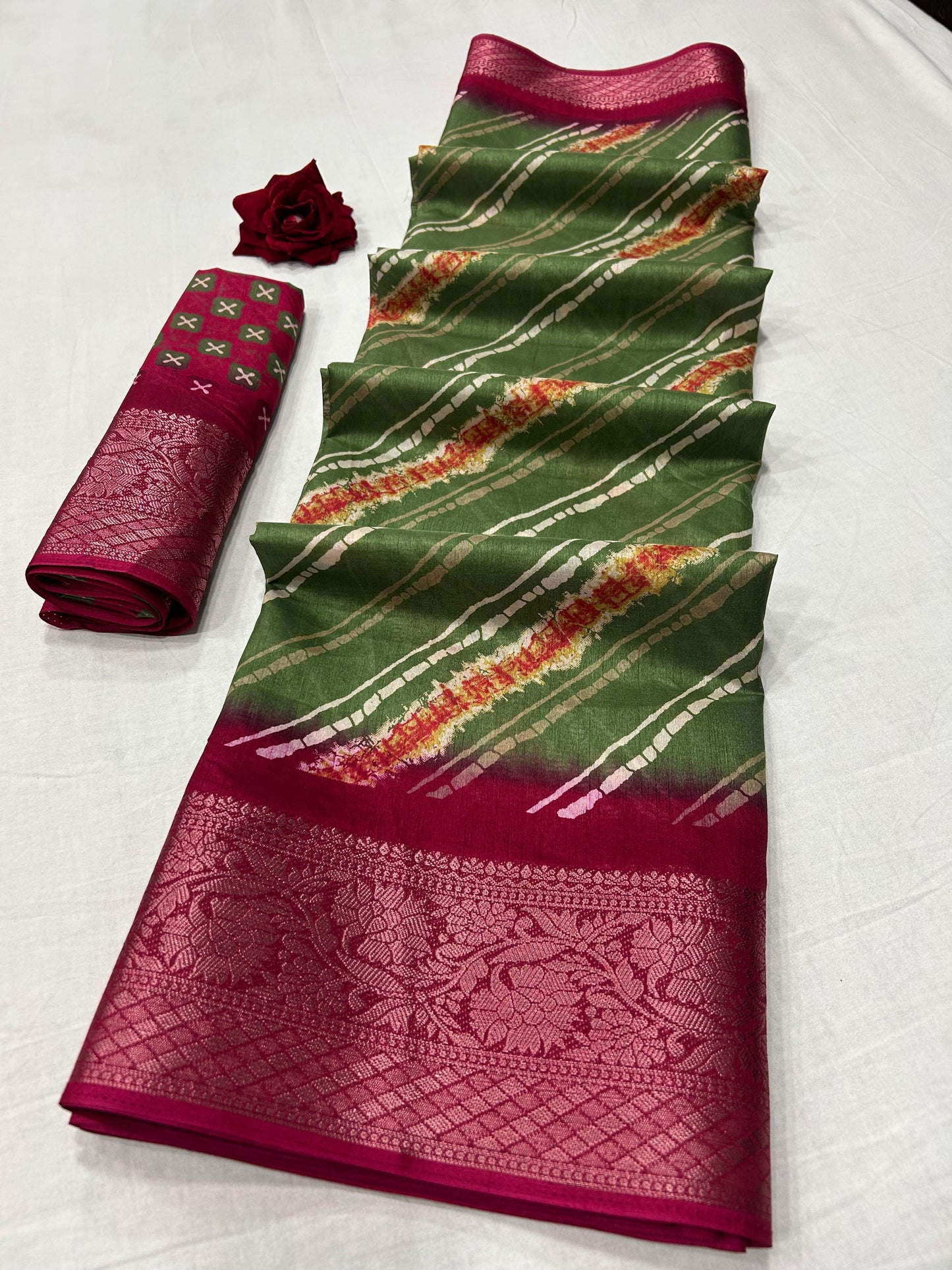 Soft Dola Silk Saree – Dusty Leheriya Print with Jacquard Border | Free Size | With Blouse
