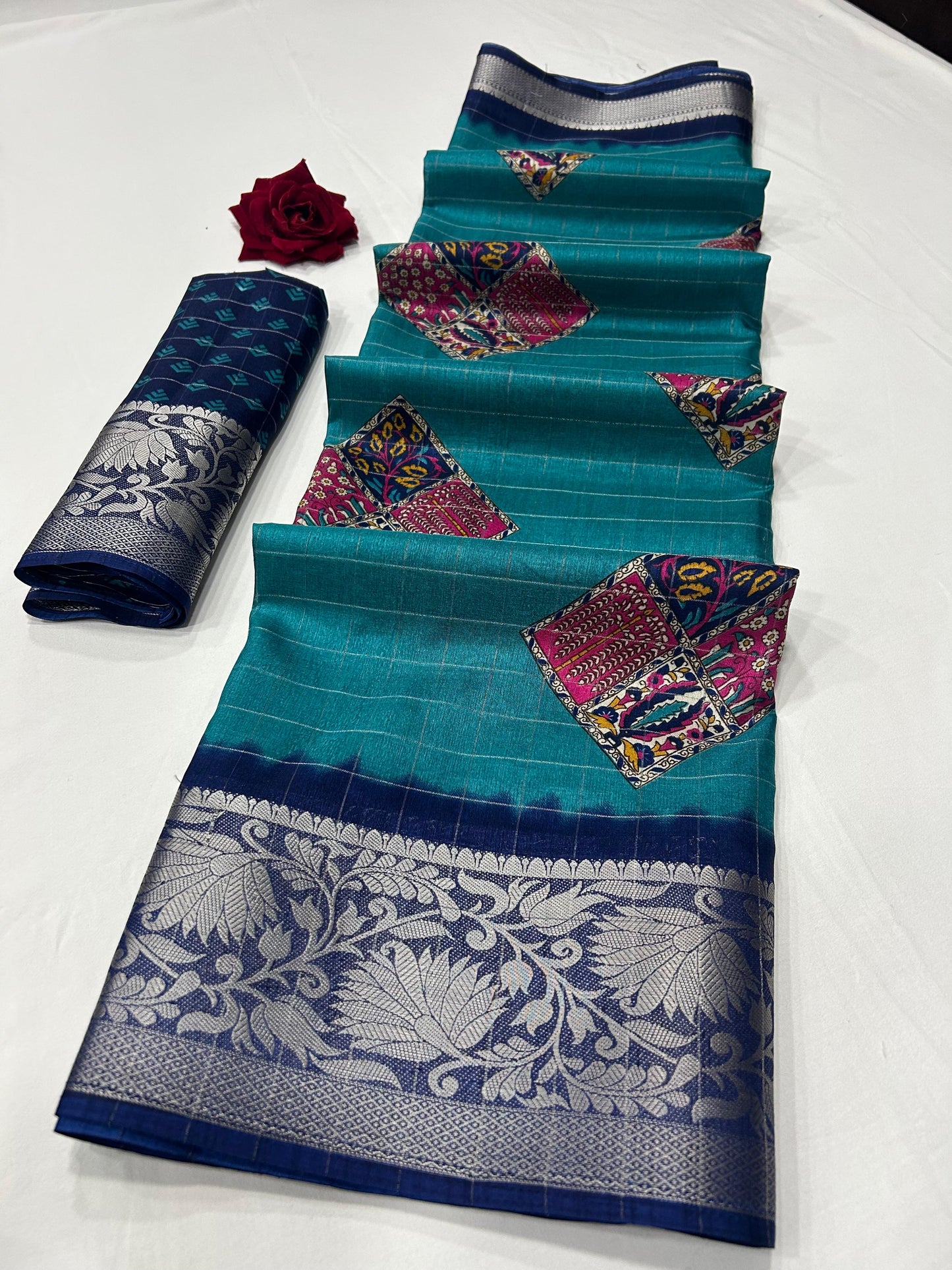 Soft Dola Silk Checks Saree – Fancy Print with Jacquard Border | Free Size | With Blouse