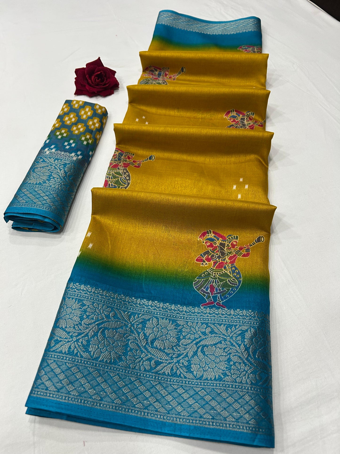 Soft Dola Silk Saree – Fancy Print with Jacquard Border | Free Size | With Blouse