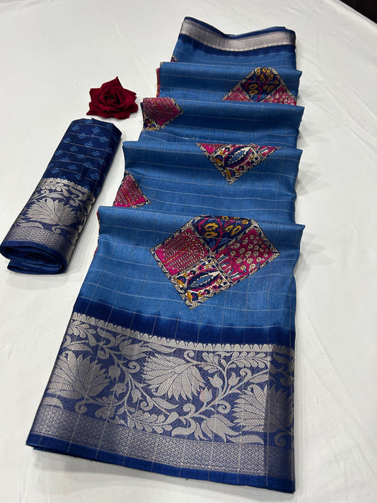 Soft Dola Silk Checks Saree – Fancy Print with Jacquard Border | Free Size | With Blouse