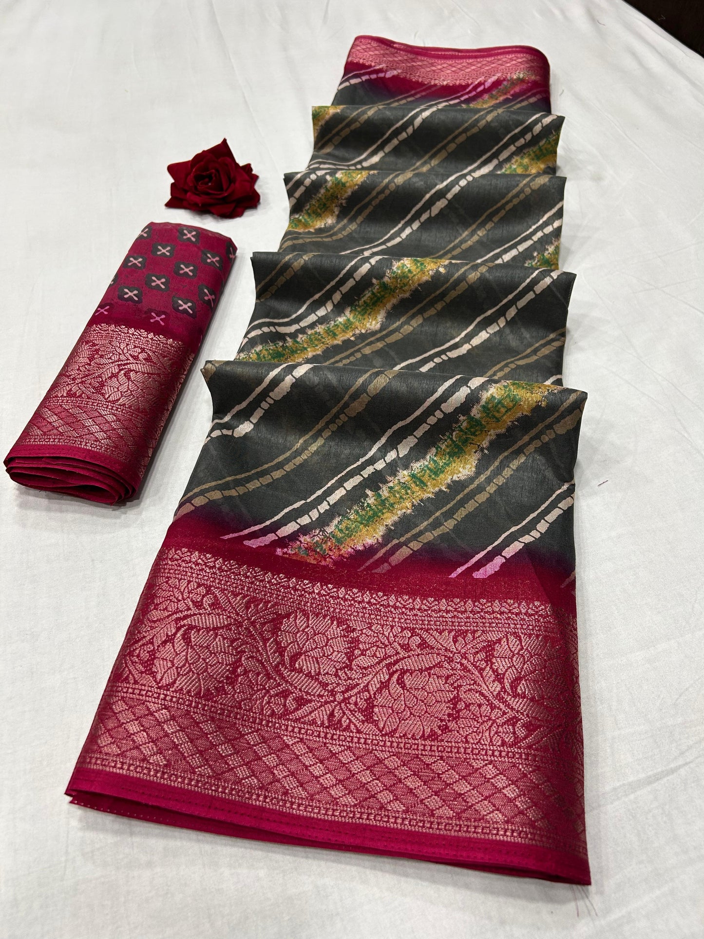Soft Dola Silk Saree – Dusty Leheriya Print with Jacquard Border | Free Size | With Blouse