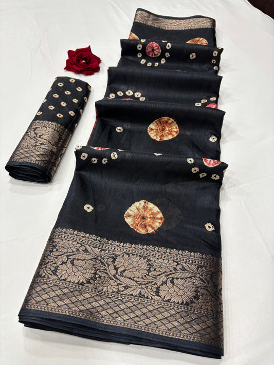 Soft Dola Silk Saree – Bandhani Print with Jacquard Border | Free Size | With Blouse