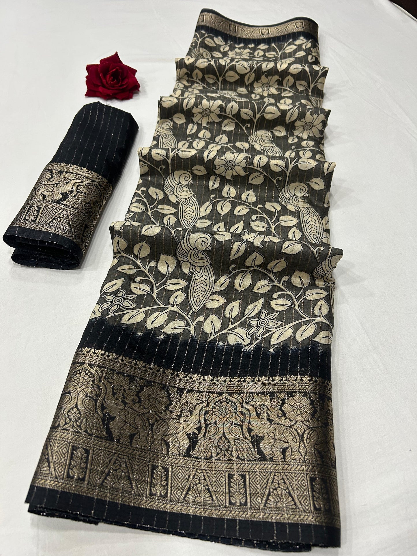 Soft Dola Silk Sparkle Zari - Kalamkari Print With Jacquard Border | Free Size | With Blouse