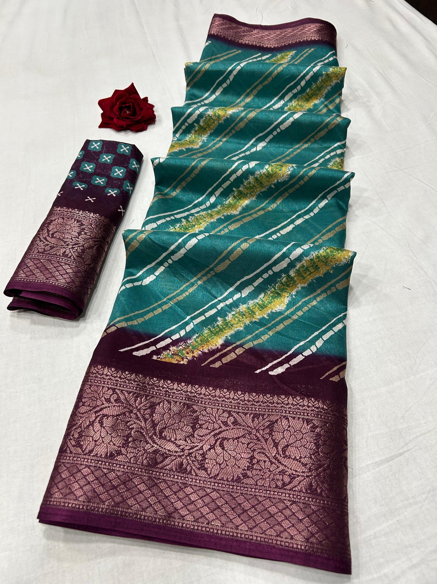 Soft Dola Silk Saree – Dusty Leheriya Print with Jacquard Border | Free Size | With Blouse