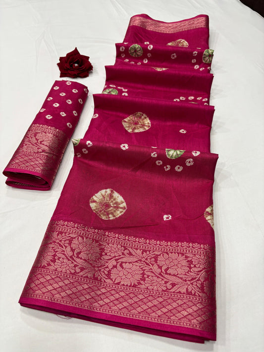 Soft Dola Silk Saree – Bandhani Print with Jacquard Border | Free Size | With Blouse