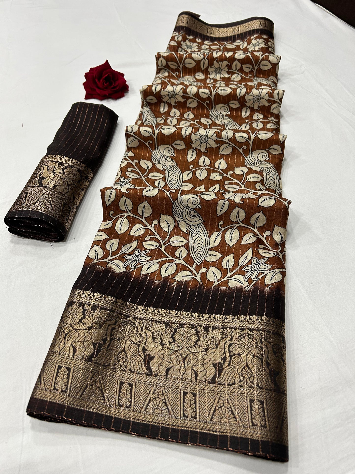 Soft Dola Silk Sparkle Zari - Kalamkari Print With Jacquard Border | Free Size | With Blouse