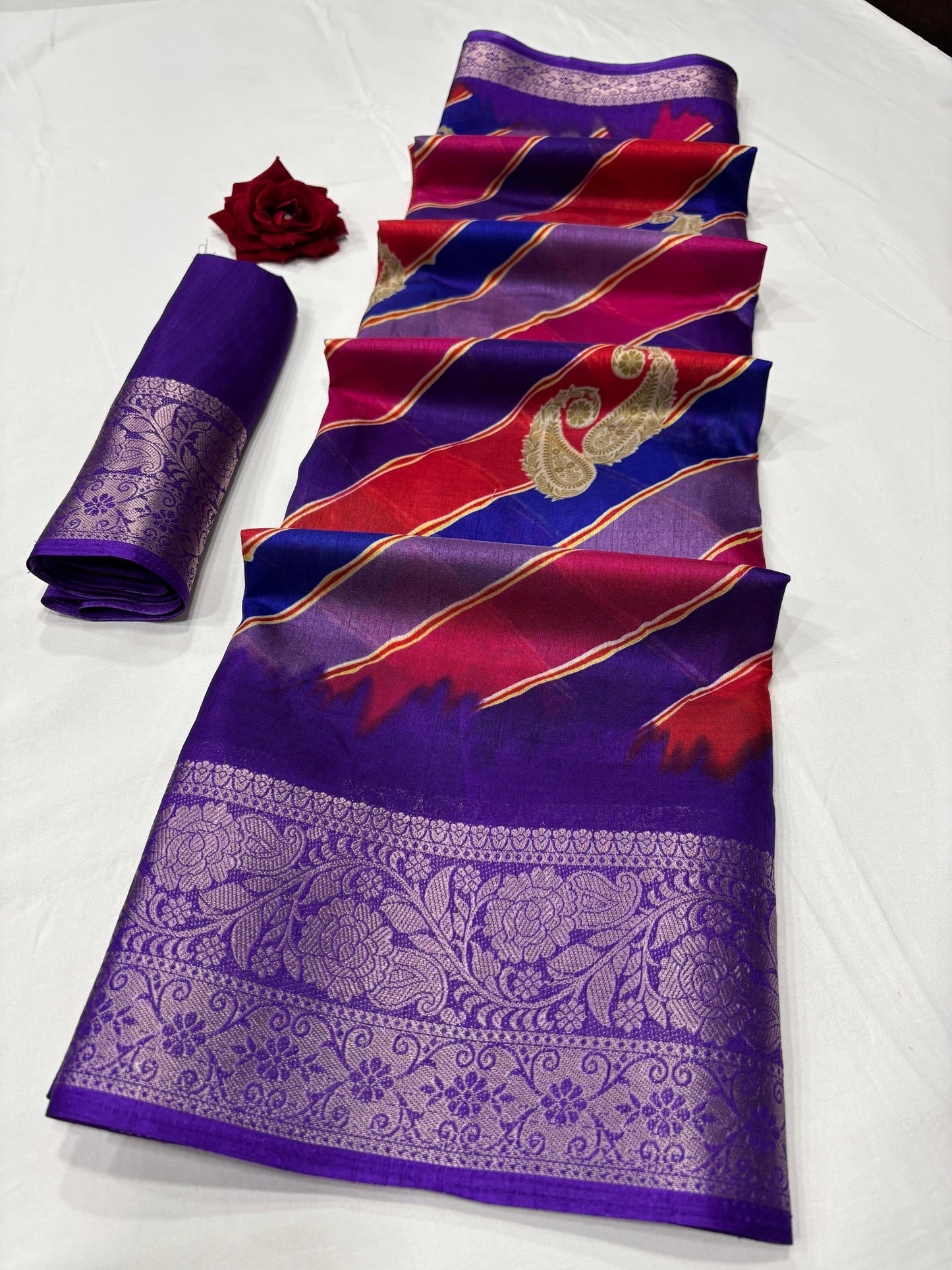 Soft Dola Silk Saree – Leheriya Print with Jacquard Border | Free Size | With Blouse