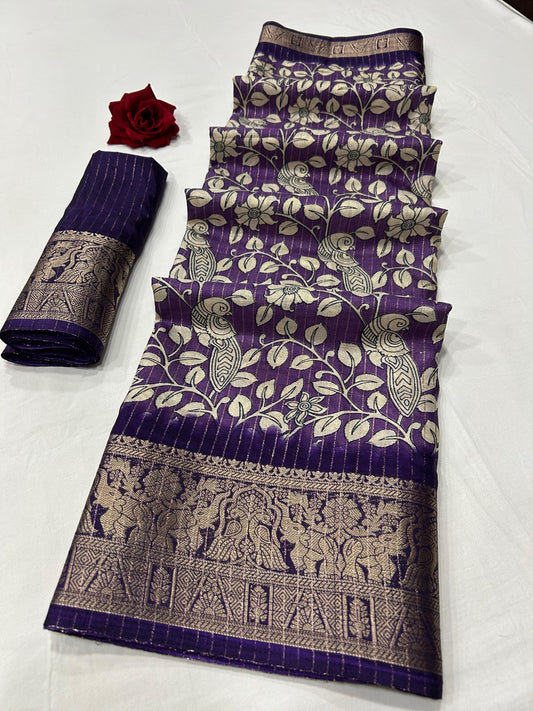 Soft Dola Silk Sparkle Zari - Kalamkari Print With Jacquard Border | Free Size | With Blouse