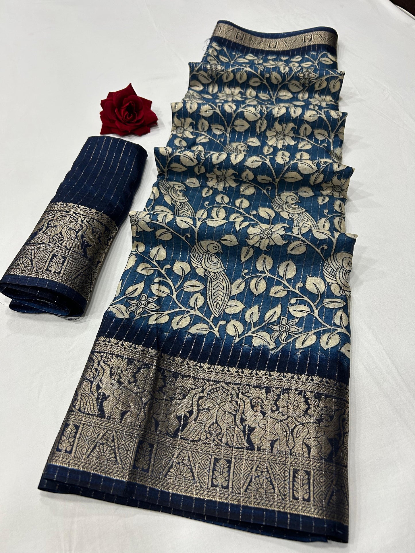 Soft Dola Silk Sparkle Zari - Kalamkari Print With Jacquard Border | Free Size | With Blouse