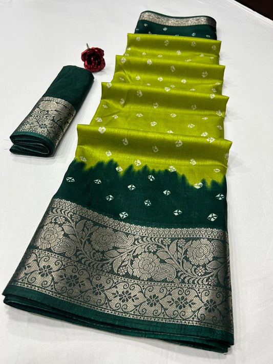 Soft Dola Silk Saree – Bandhani Print with Jacquard Border | Free Size | With Blouse