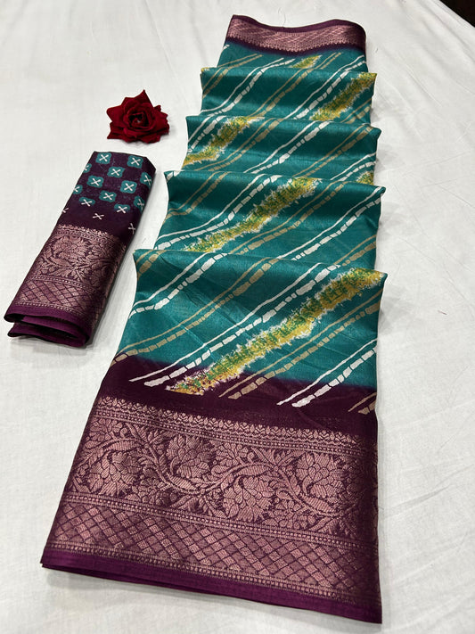 Soft Dola Silk Saree – Dusty Leheriya Print with Jacquard Border | Free Size | With Blouse